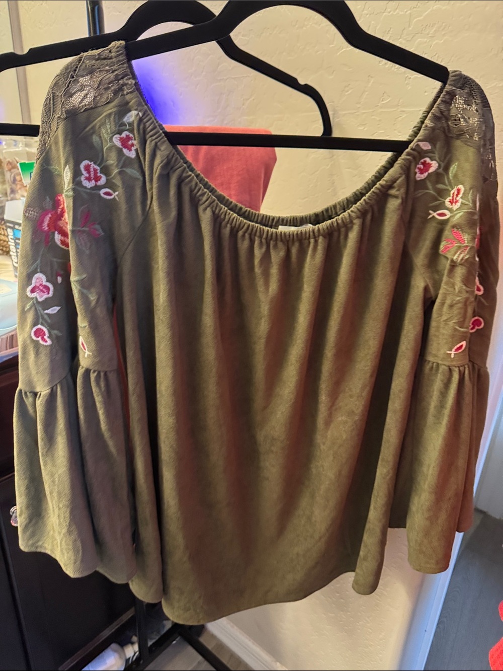 Olive Green Embroidered Off-Shoulder Women's Top Umgee M